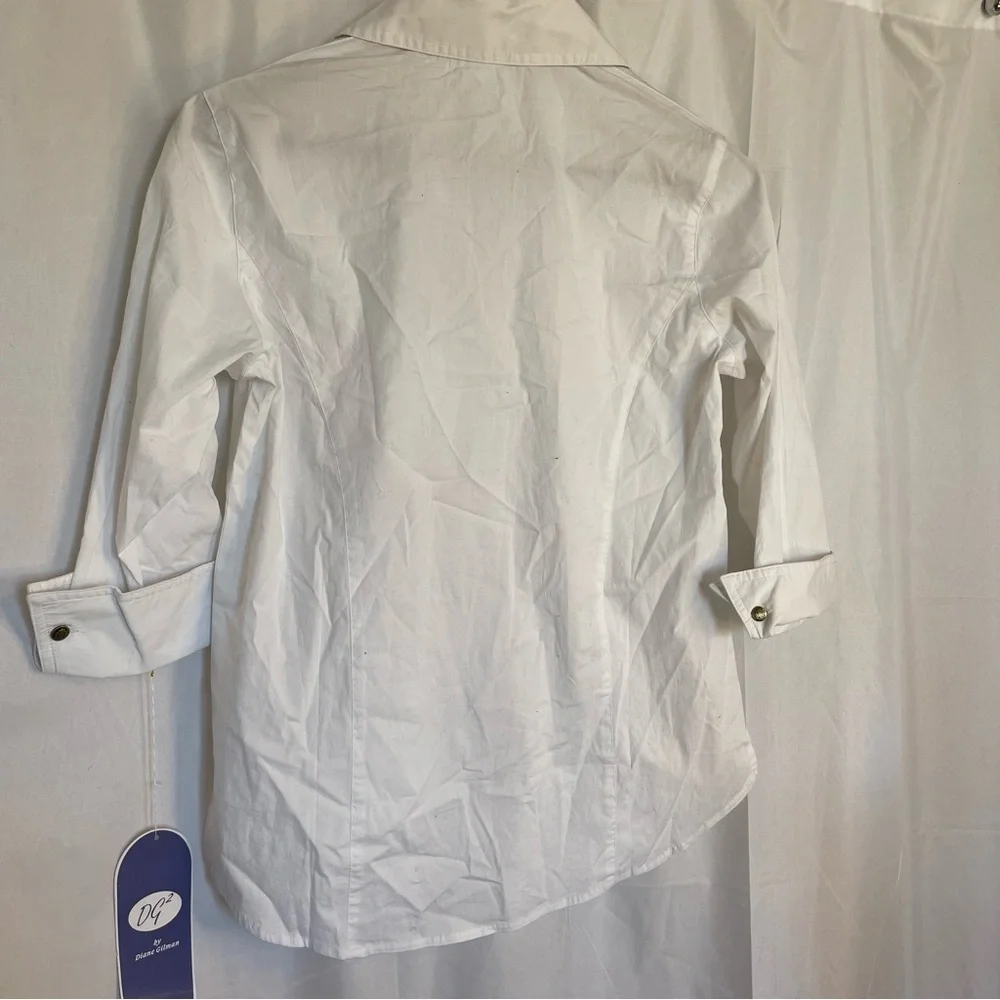 DG2 Diane Gilman Women’s Fitted White Button Down 3/4 Sleeves Shirt Blouse Small